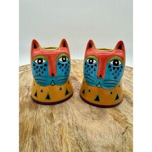 2 Vintage 90s Laurel Burch Bella Casa By Ganz Cat taper Candle Holders orange